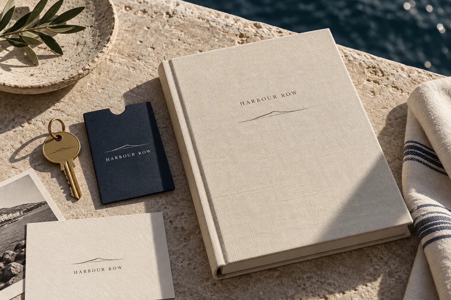 Harbour Row project hotel book and room key stationery in a coastal setting