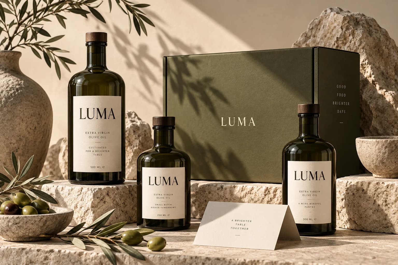 Luma Pantry project packaging with olive oil bottles and a pantry box on limestone