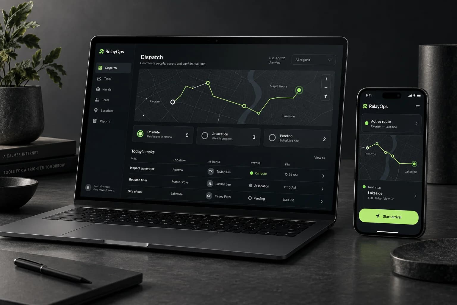 RelayOps project dashboard on a laptop and a matching mobile dispatch interface